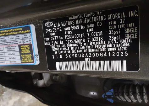 2013 Kia Sorento Ex V6 из США, поврежденный, VIN 5XYKUDA20DG412035